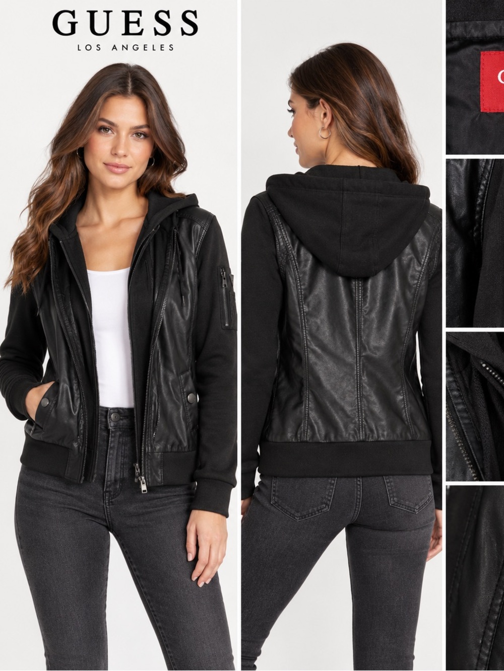 GUESS Black Mixed-Media Bomber Jacket with Hood